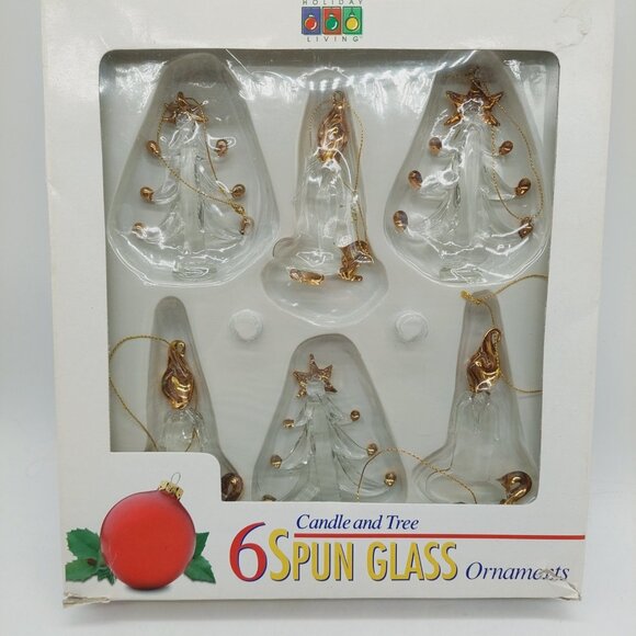 Holiday Living Ornaments Spun Glass Clear & Gold Candles & Trees Set Of 6 - Picture 6 of 8